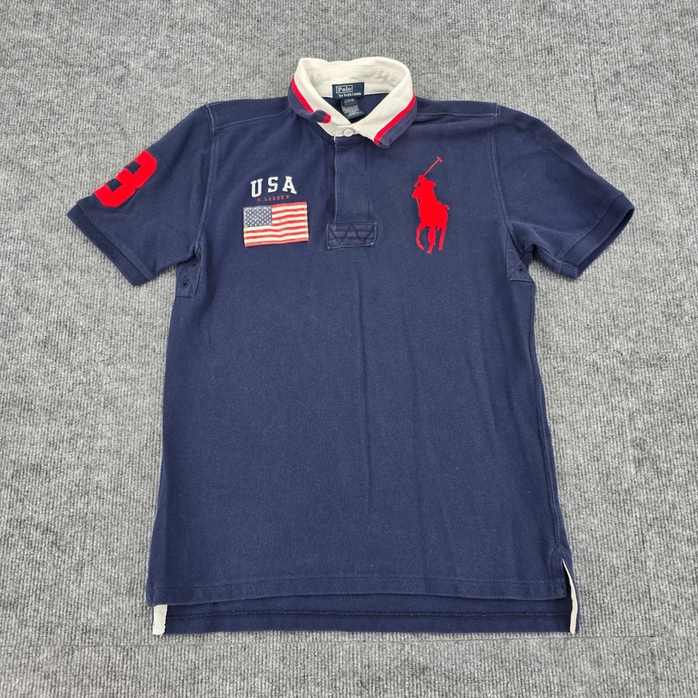 Polo Ralph Lauren Boys Navy Blue USA Big Pony Rugby Polo Shirt Size L 14-16